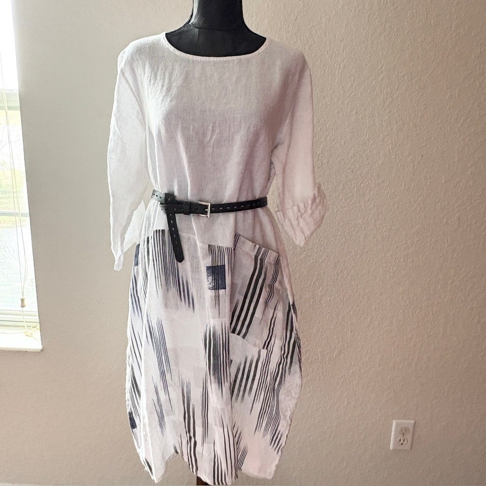 Made in Italy 100% Linen Abstract Print Tunic Dress White/Blue Roll Tab Sleeve